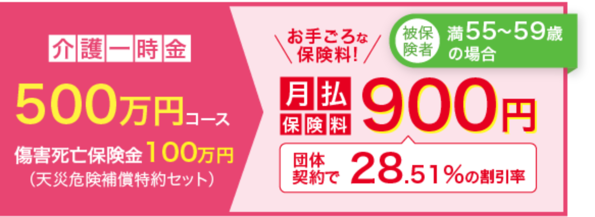 介護一時金500万円コース お手頃な保険料 月払保険料900円